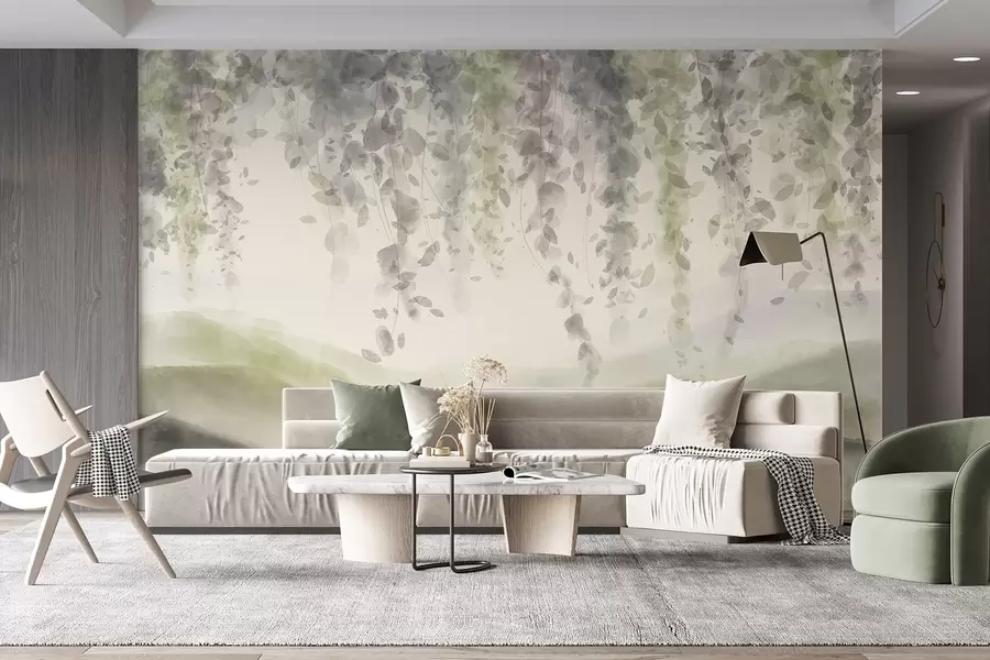 Valokuvatapetti Wisteria lehdet roikkuu yli sininen vuoret, pehmeä pastelli vihreä ja beige värit, akvarelli tyyli maisema w08909v2