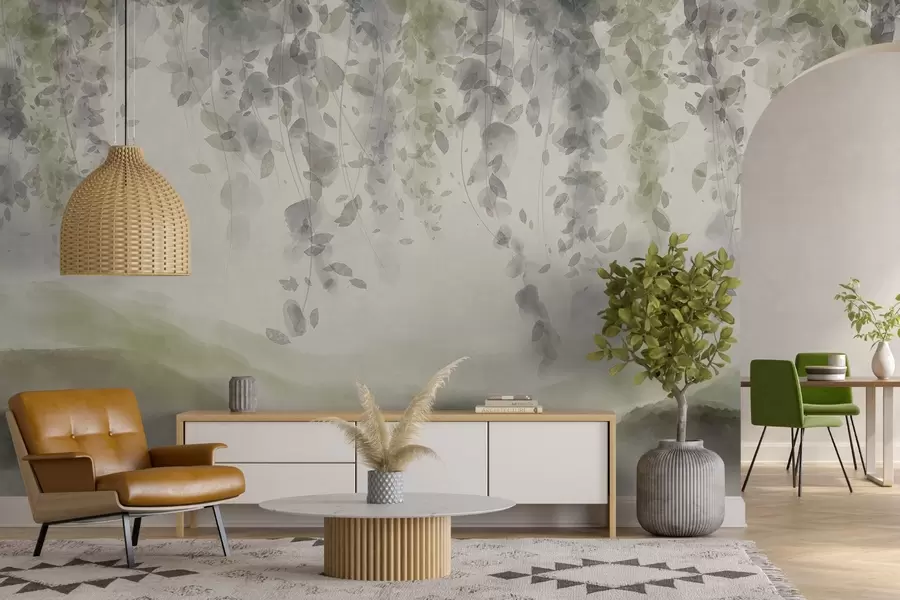 Valokuvatapetti Wisteria lehdet roikkuu yli sininen vuoret, pehmeä pastelli vihreä ja beige värit, akvarelli tyyli maisema w08909v2