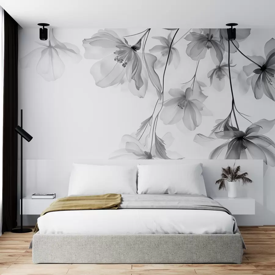 Valokuvatapetti Mustat kukat läpikuultavat terälehdet roikkuvat oksalla, mustavalkoinen, minimalistinen moderni taide sommitelma w08911