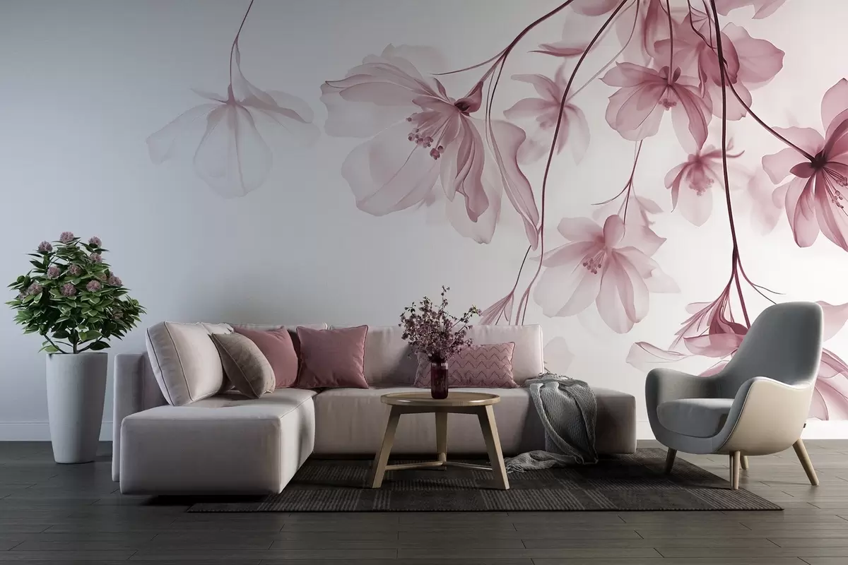 Valokuvatapetti Vaaleanpunaisia kukkia, joiden läpikuultavat terälehdet roikkuvat oksalla, vaaleanpunainen ja valkoinen, minimalistinen moderni taide sommitelma w08911v2