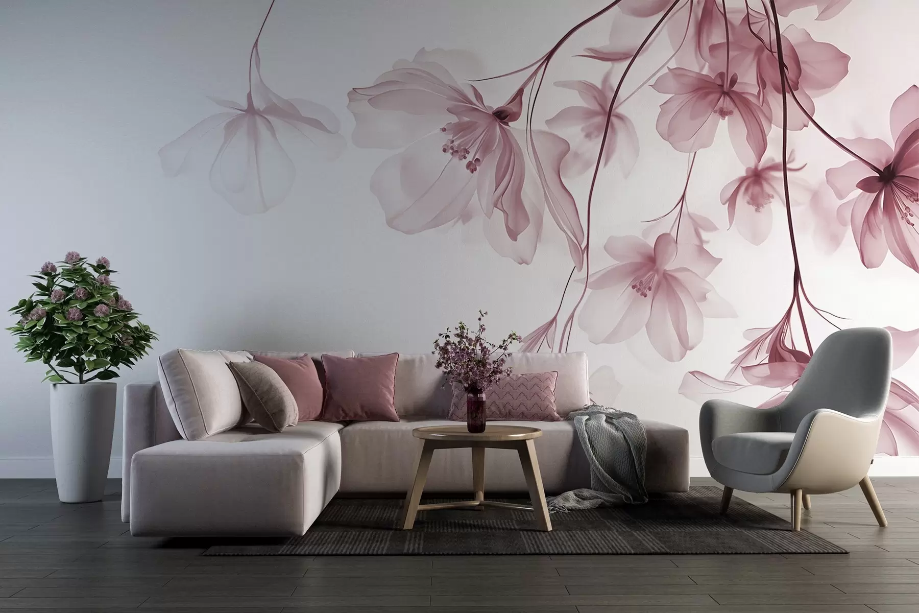 Valokuvatapetti Vaaleanpunaisia kukkia, joiden läpikuultavat terälehdet roikkuvat oksalla, vaaleanpunainen ja valkoinen, minimalistinen moderni taide sommitelma w08911v2