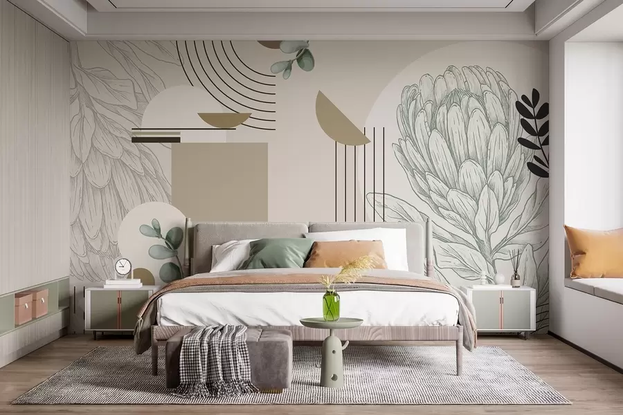 Valokuvatapetti Abstrakti kasvitieteellinen tuloste, jossa protea kukka, eukalyptus lehdet, geometriset muodot minimalistiseen tyyliin, pastellivärit w08914