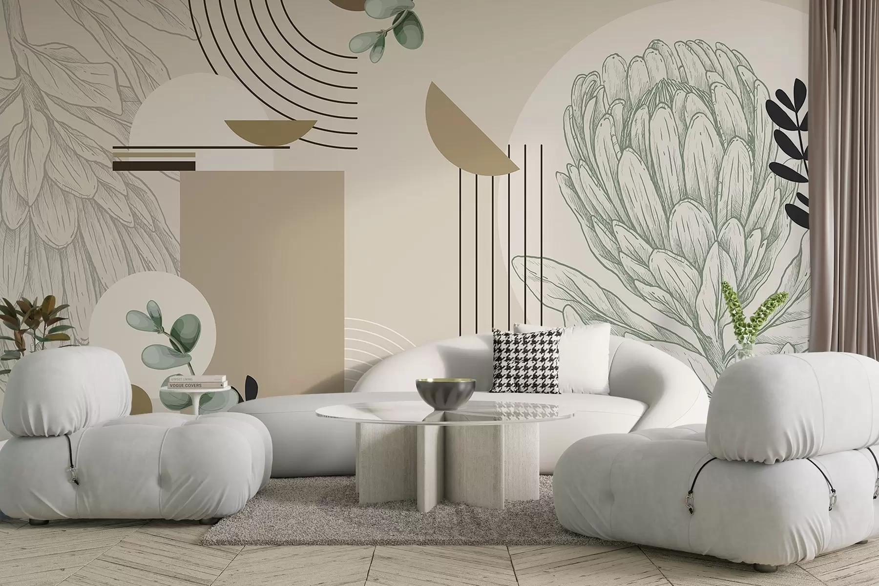 Valokuvatapetti Abstrakti kasvitieteellinen tuloste, jossa protea kukka, eukalyptus lehdet, geometriset muodot minimalistiseen tyyliin, pastellivärit w08914