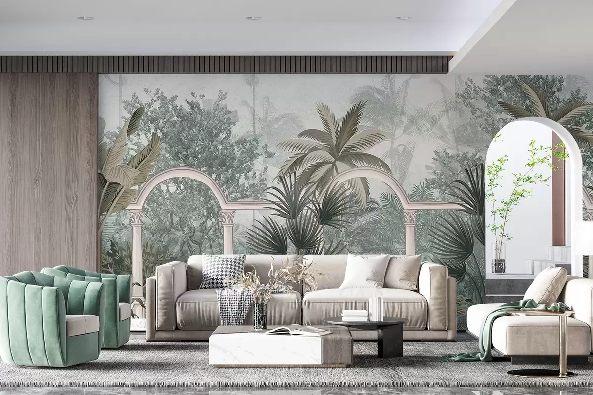 Valokuvatapetti Trooppinen kuvioitu puutarha, jossa palmuja ja rehevää kasvillisuutta, kaide kaaria, hillityt värit, vintage-tyyliin w08916