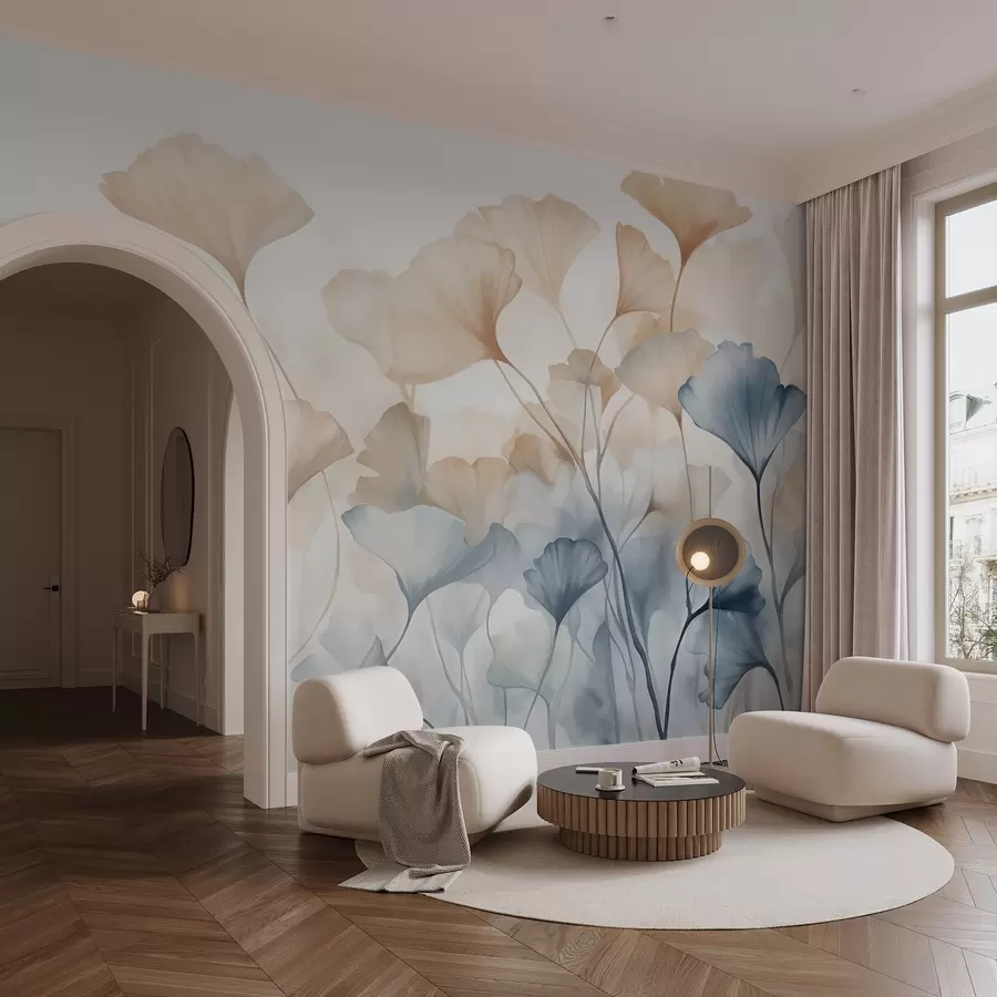 Valokuvatapetti Ginkgon lehdet sinisellä ja oranssilla vesivärillä, läpikuultavat terälehdet, herkät varret, pehmeä väripaletti w08917