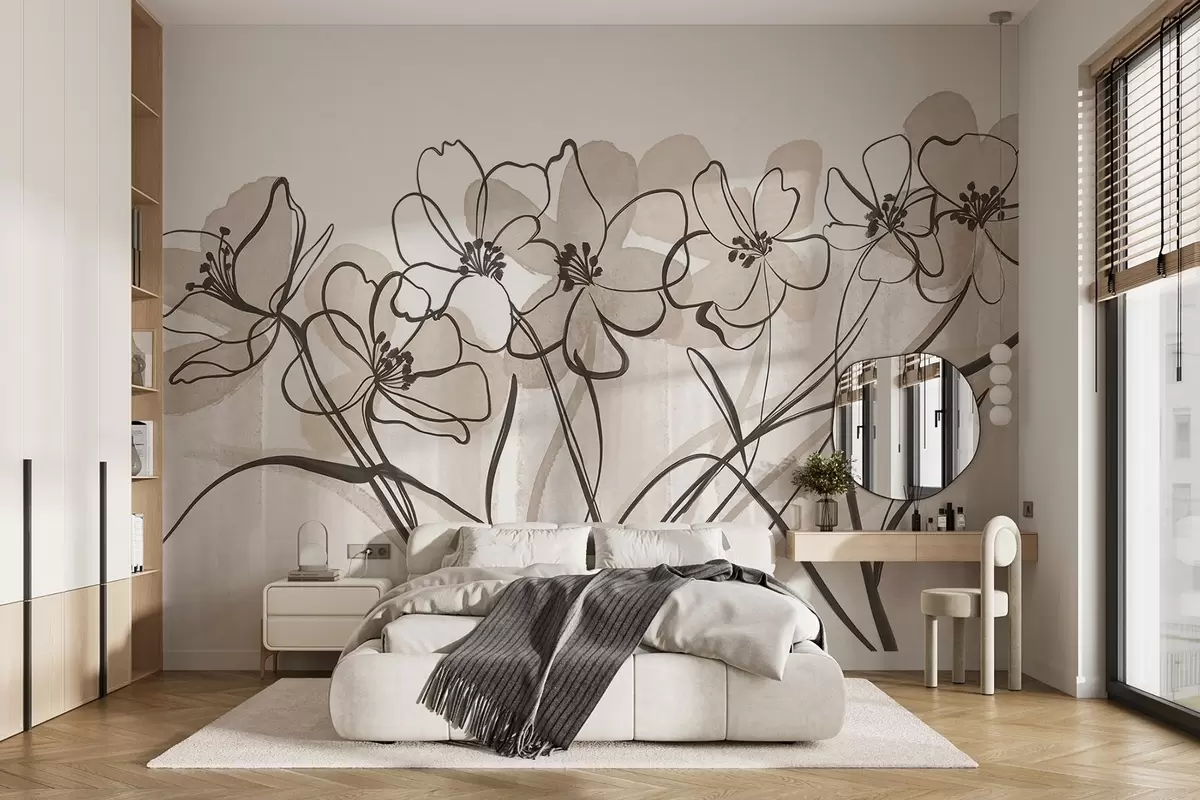 Valokuvatapetti Minimalistinen viivataide kukkia beige ja ruskea terälehdet, pitkät varret, vaalean beige tausta w08918