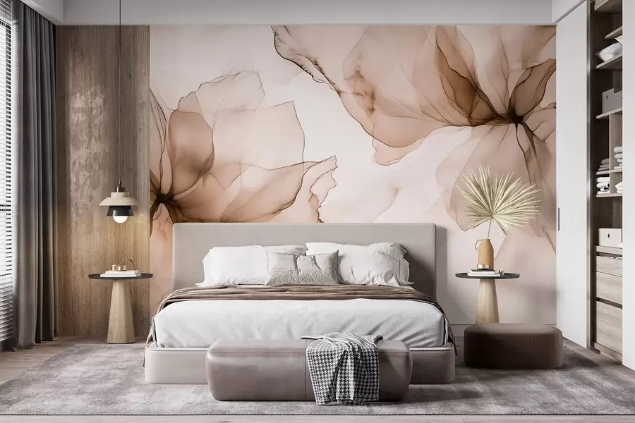 Valokuvatapetti Fluid tyyli kukkia, kukka abstraktio, akvarelli, beige väripaletti  w03406v3