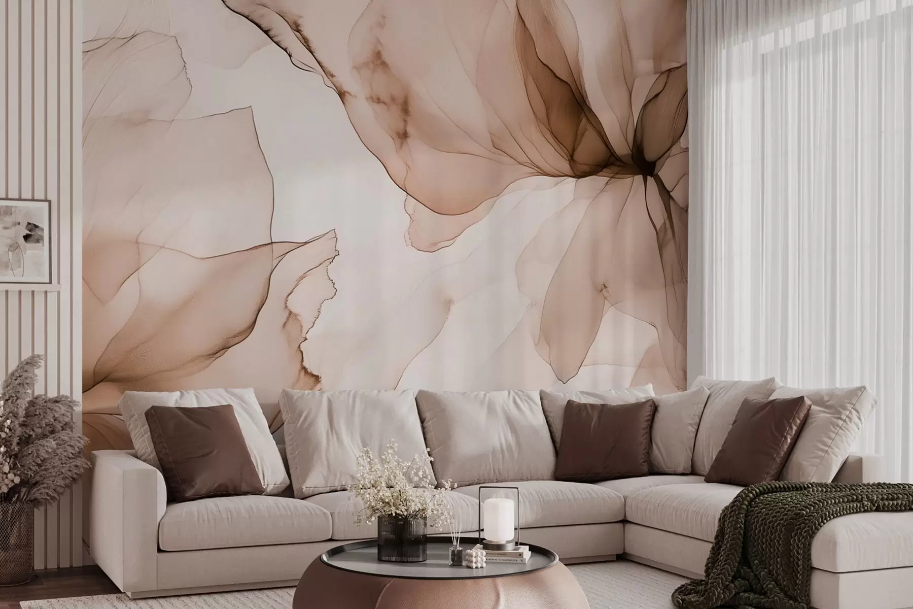 Valokuvatapetti Fluid tyyli kukkia, kukka abstraktio, akvarelli, beige väripaletti  w03406v3