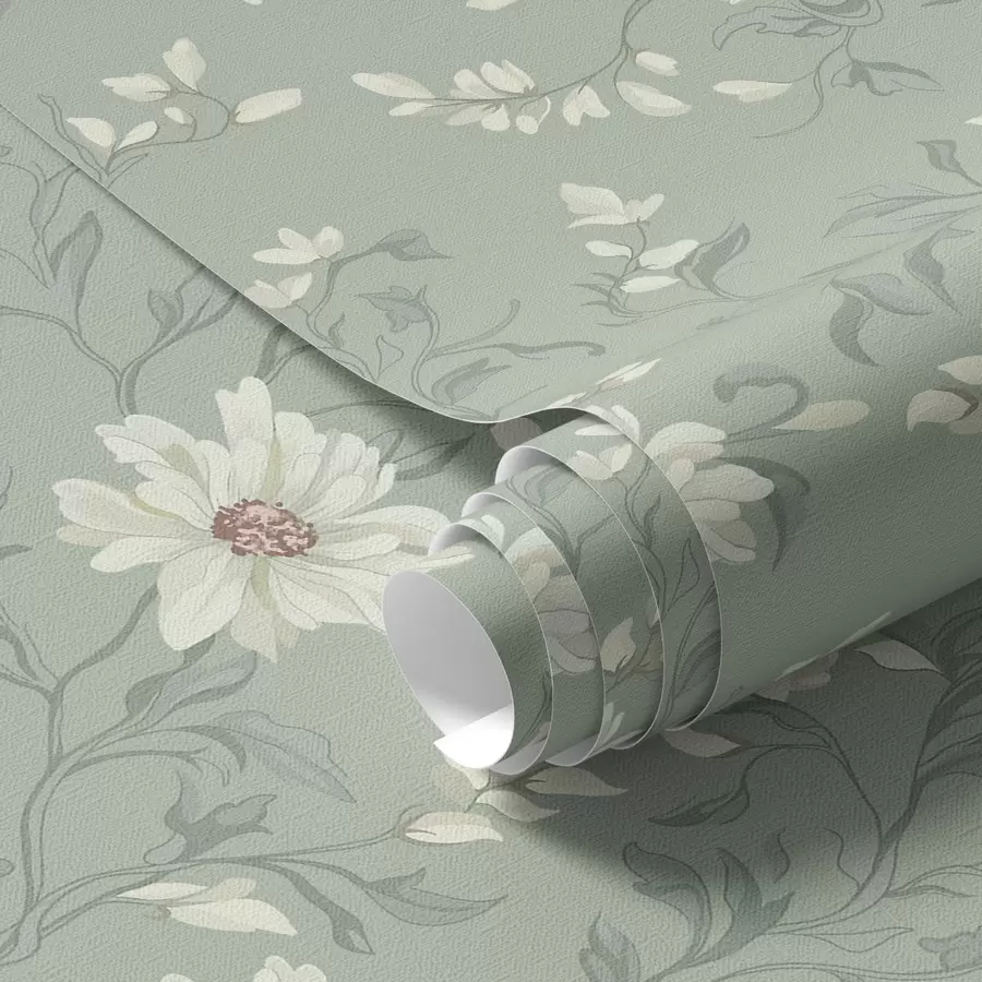 Valokuvatapetti Valkoiset kukat ja kiemurtelevat lehdet a00001