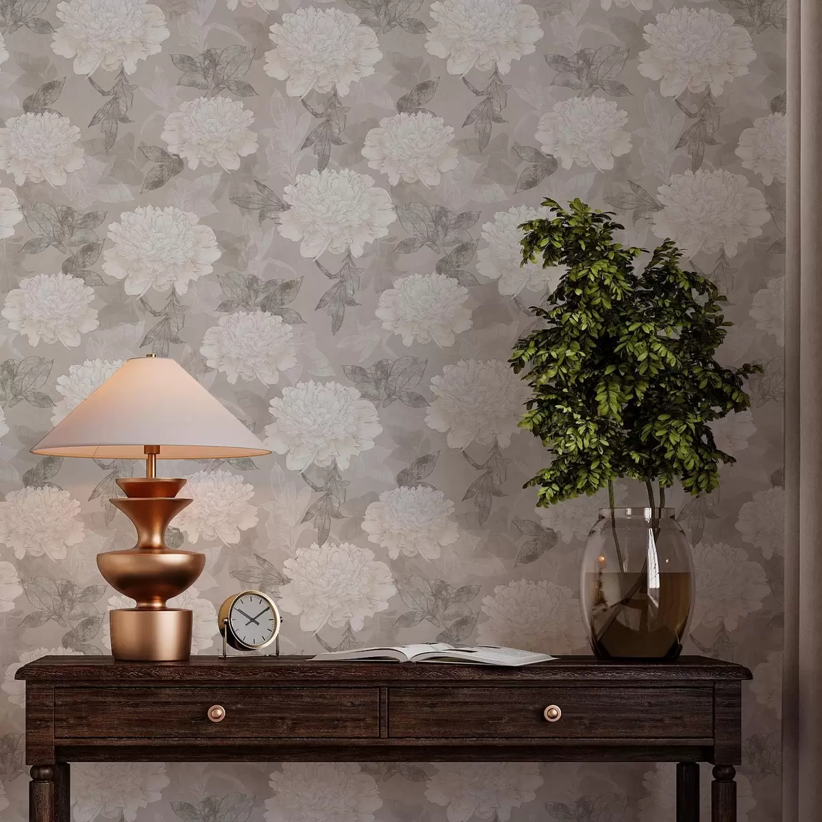 Taustakuva Vaaleat pionit ja lehdet grunge-tyylillä a00005