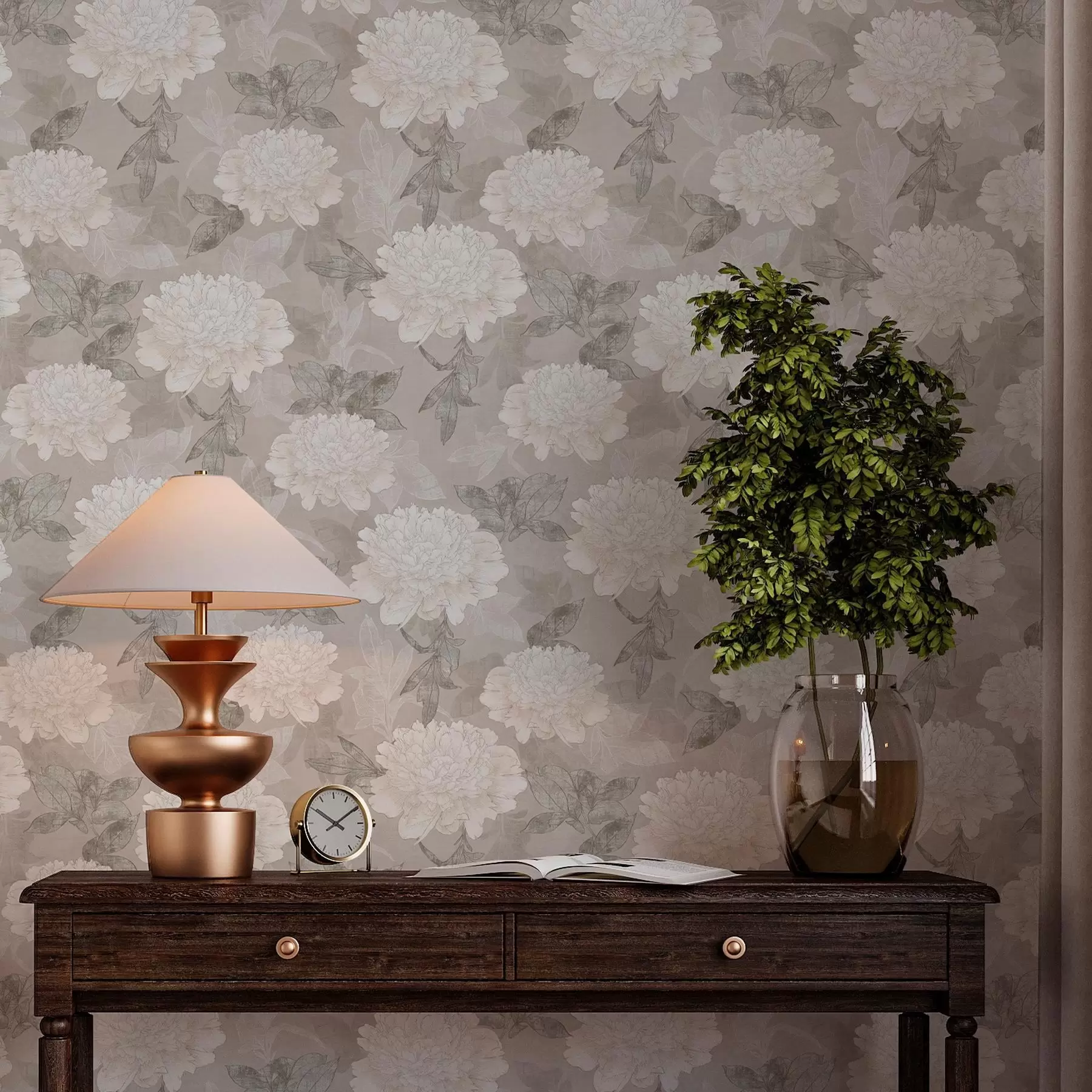 Valokuvatapetti Vaaleat pionit ja lehdet grunge-tyylillä a00005