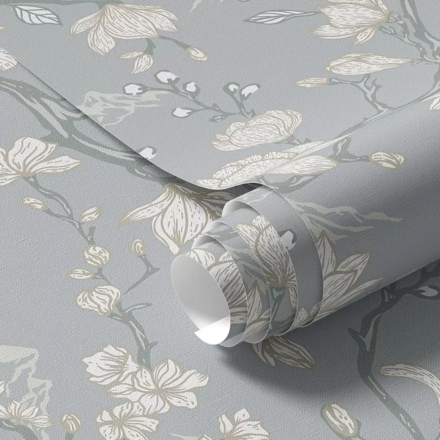 Valokuvatapetti Valkoisia kukkia oksilla ja vuorilla sinisellä taustalla a00021