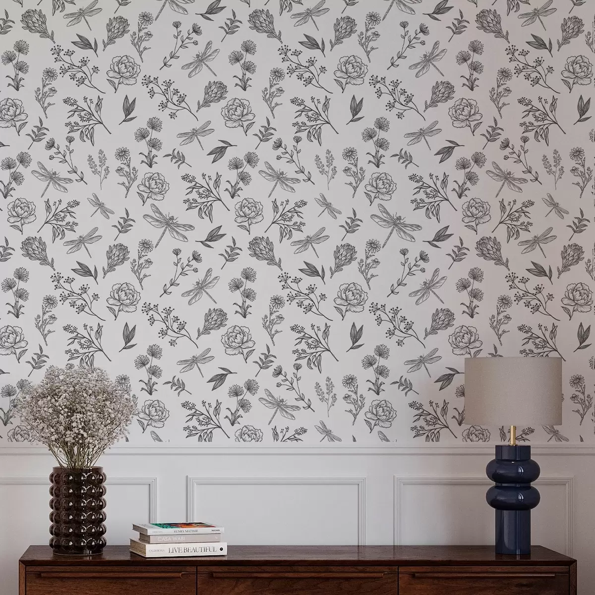 Taustakuva Kukkia, lehtiä ja sudenkorentoja valkoisella taustalla a00025v1