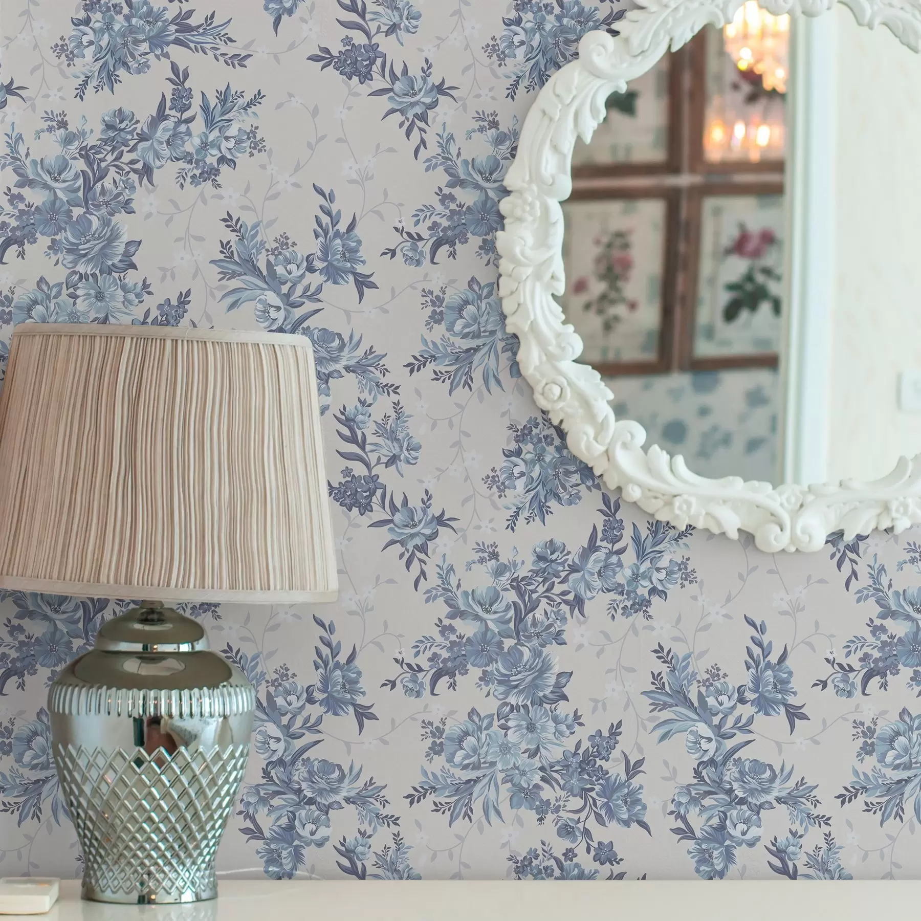 Valokuvatapetti Herkät kukat ja lehdet sinisellä ja sinisellä värillä vaalealla pohjalla a00027