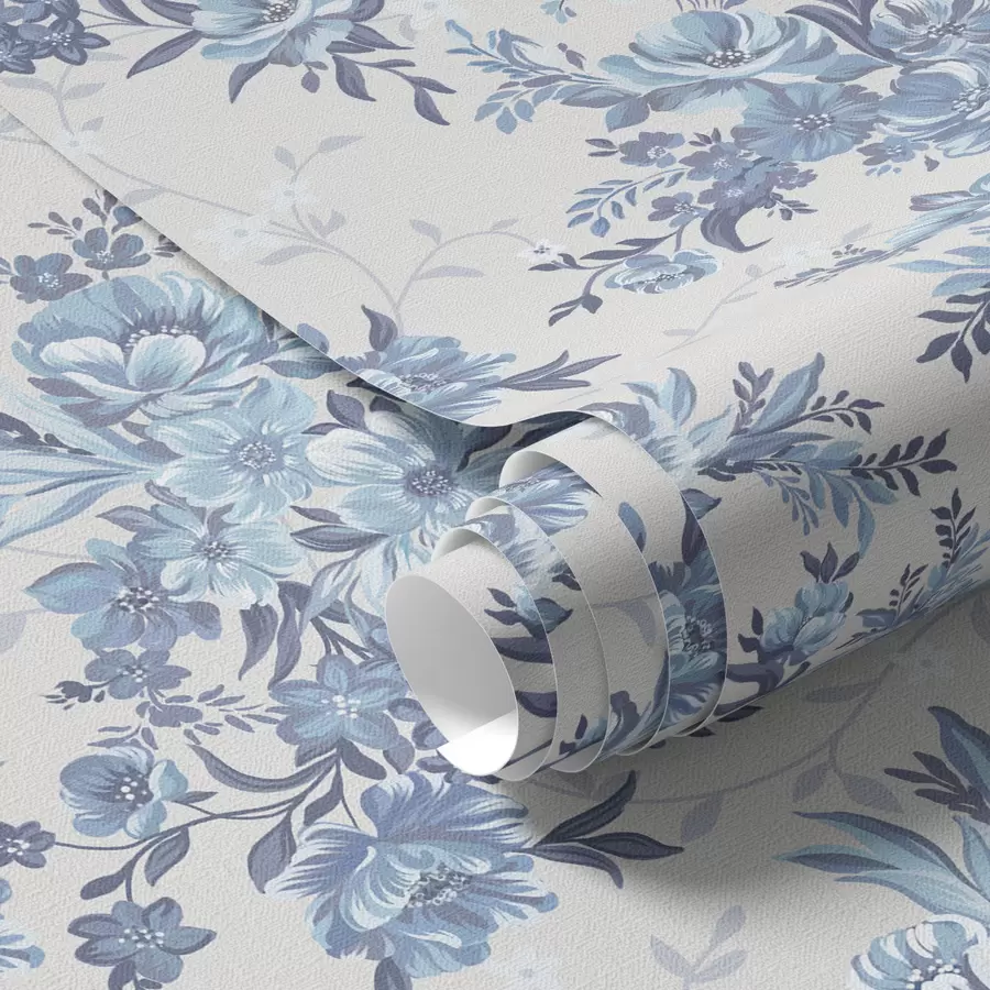 Valokuvatapetti Herkät kukat ja lehdet sinisellä ja sinisellä värillä vaalealla pohjalla a00027