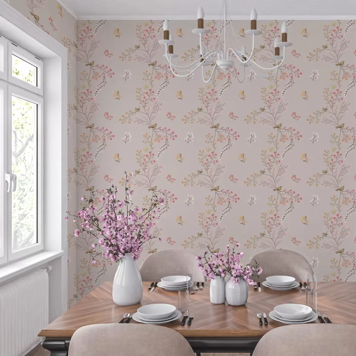 Taustakuva Herkät kukat ja kolibrit oksilla a00036