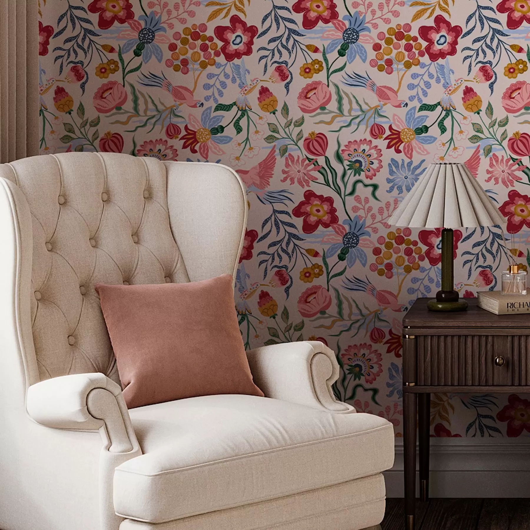 Valokuvatapetti Kirkas kukka ja marja koostumus papukaijojen kanssa a00046