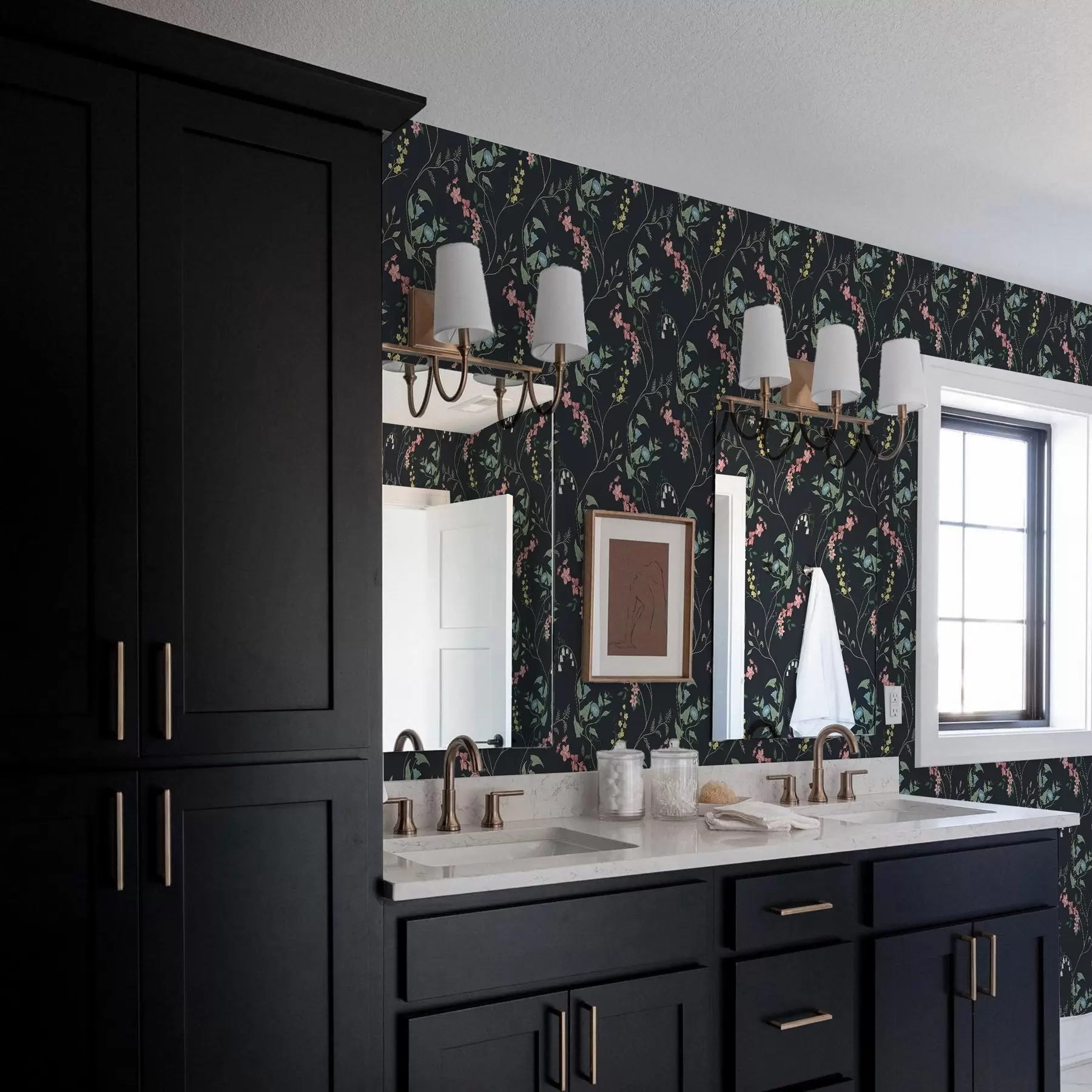 Valokuvatapetti Kukkia, lehtiä ja varsia tummalla taustalla a00047