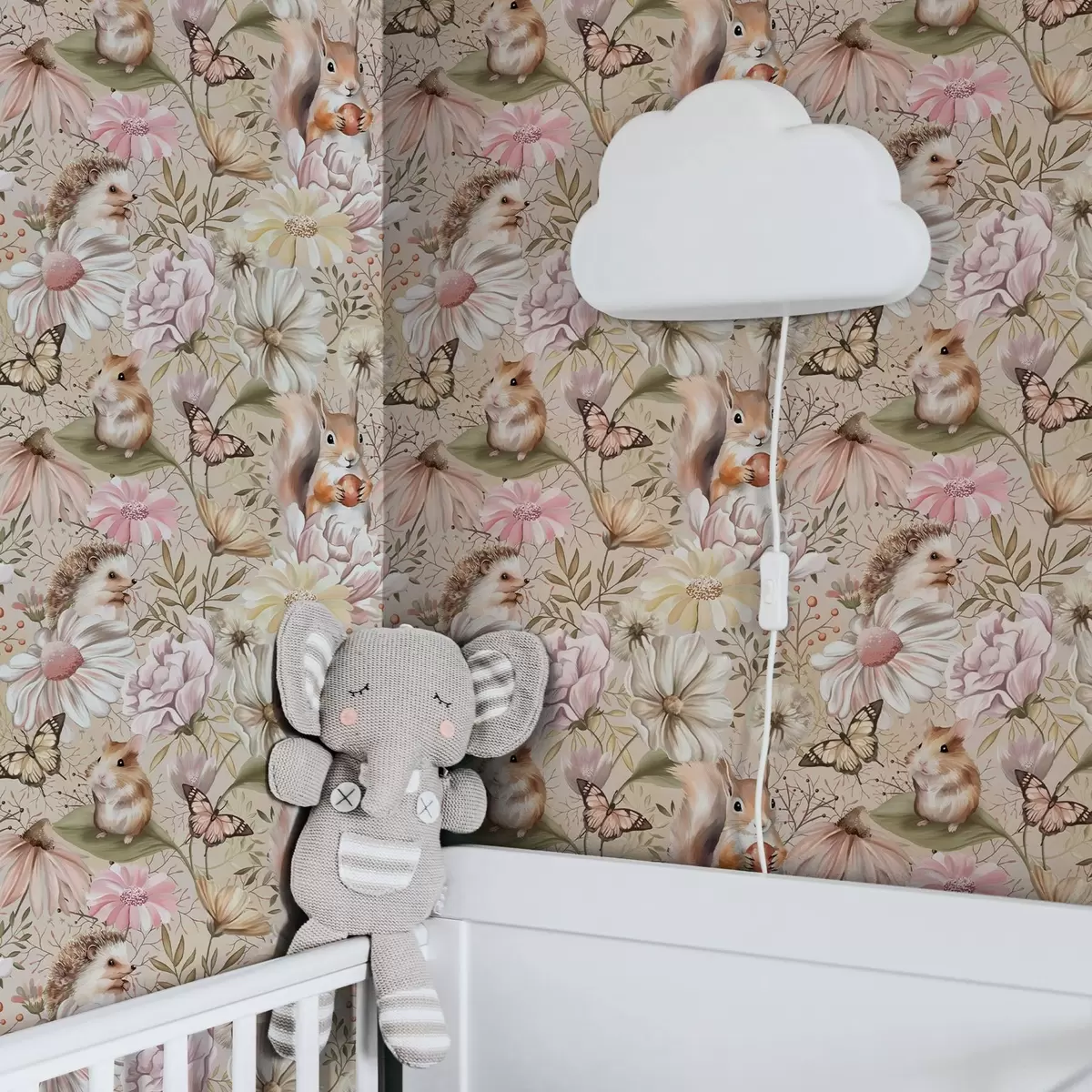 Taustakuva Söpö siili, orava, hamsteri ja perhoset kukkien kanssa pastelliväreissä a00051