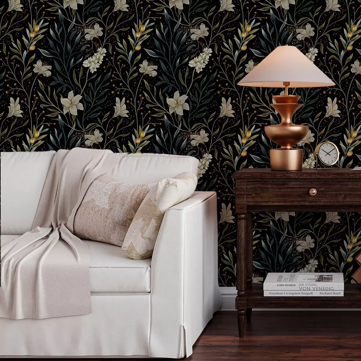 Taustakuva Koostumus vaaleista kukista ja tummista lehdistä tummalla taustalla a00053