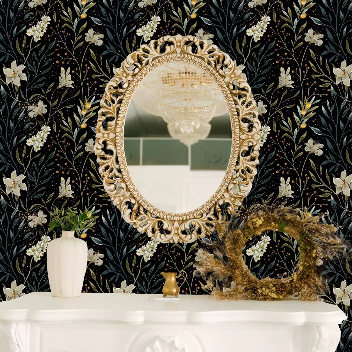 Taustakuva Koostumus vaaleista kukista ja tummista lehdistä tummalla taustalla a00053