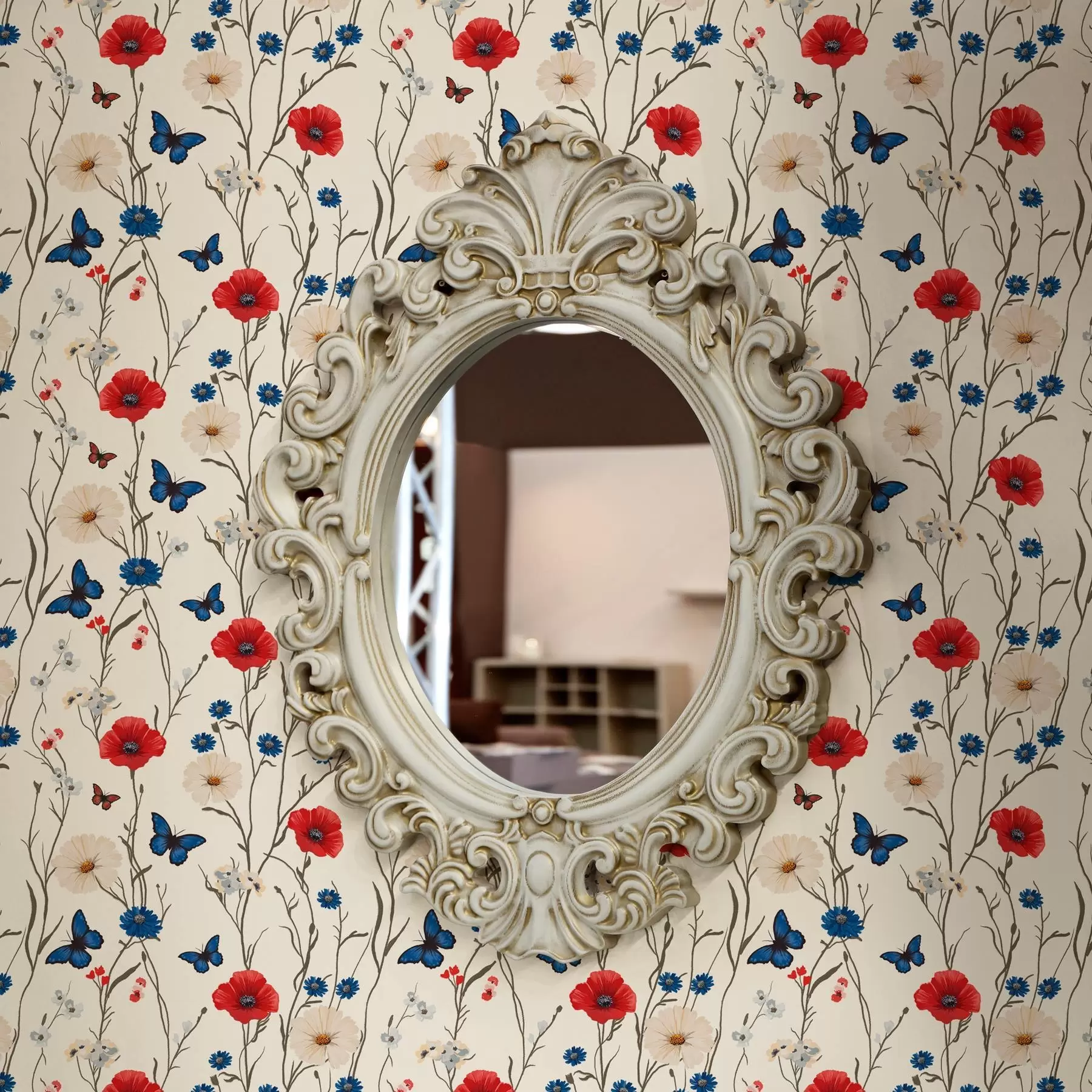 Valokuvatapetti Unikot, päivänkakkarat ja perhoset valkoisella pohjalla a00072