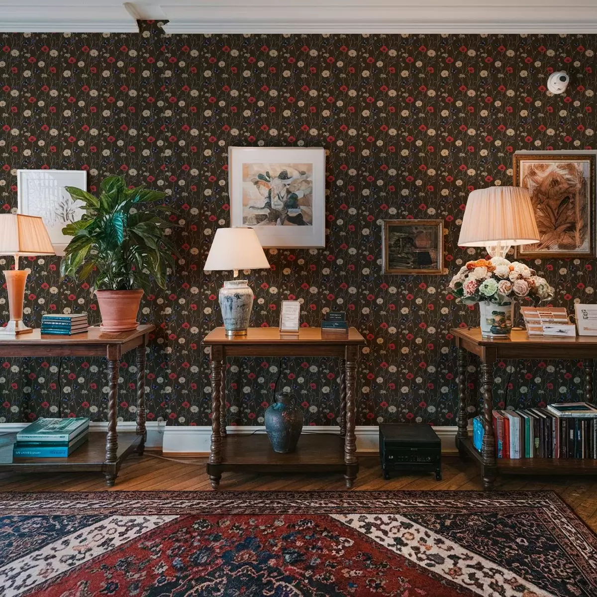 Taustakuva Unikot, päivänkakkarat ja perhoset tummalla taustalla a00072v2