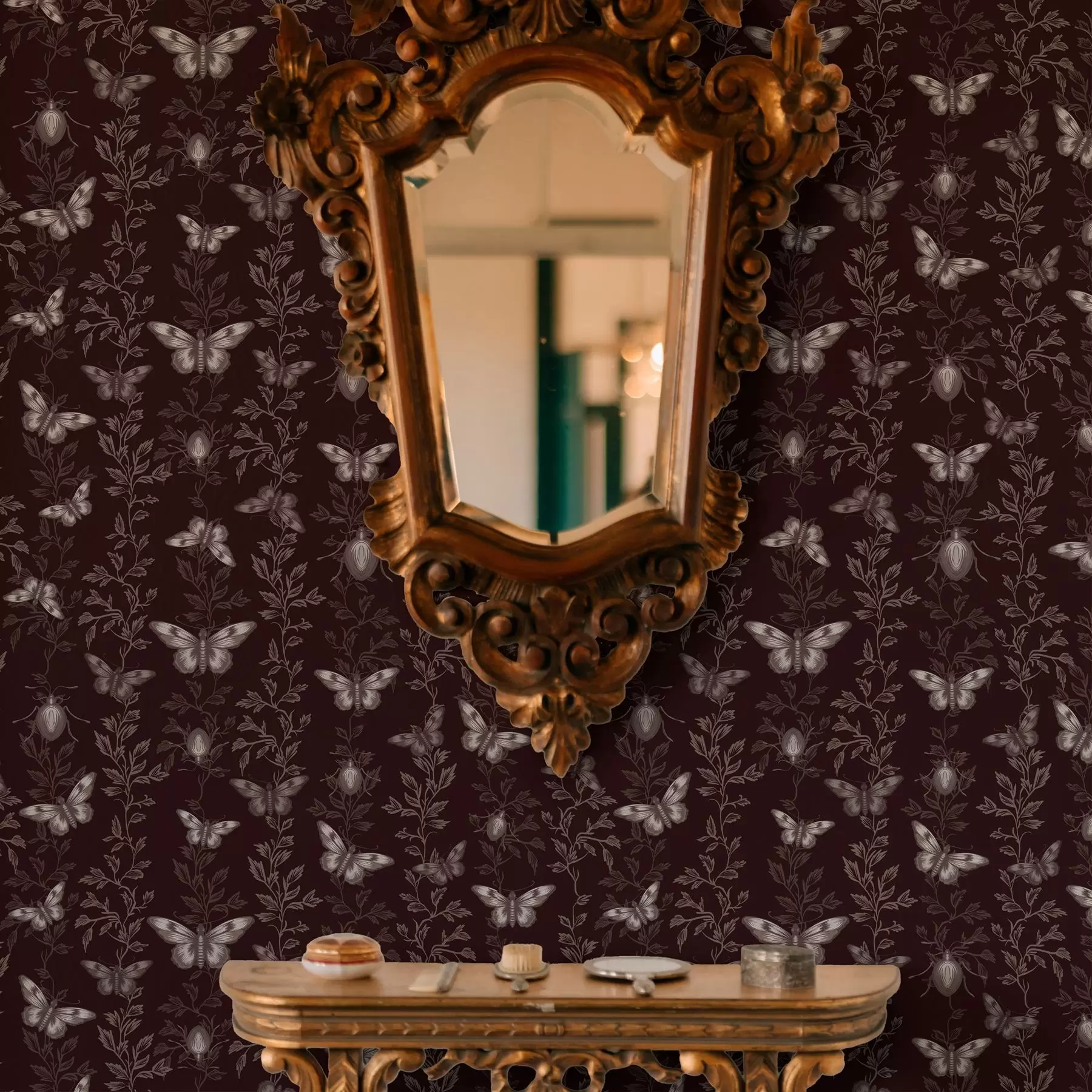 Valokuvatapetti Kokoonpano perhosia, lehtiä ja hyönteisiä tummalla taustalla a00073v1