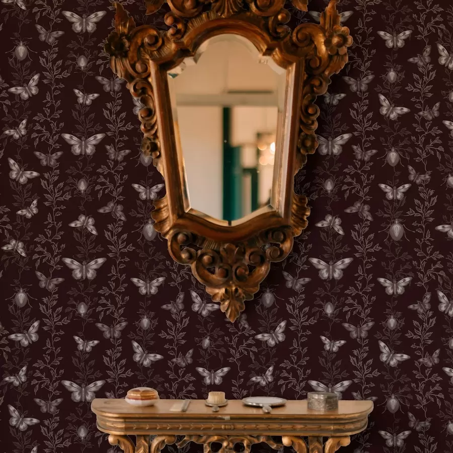 Valokuvatapetti Kokoonpano perhosia, lehtiä ja hyönteisiä tummalla taustalla a00073v1