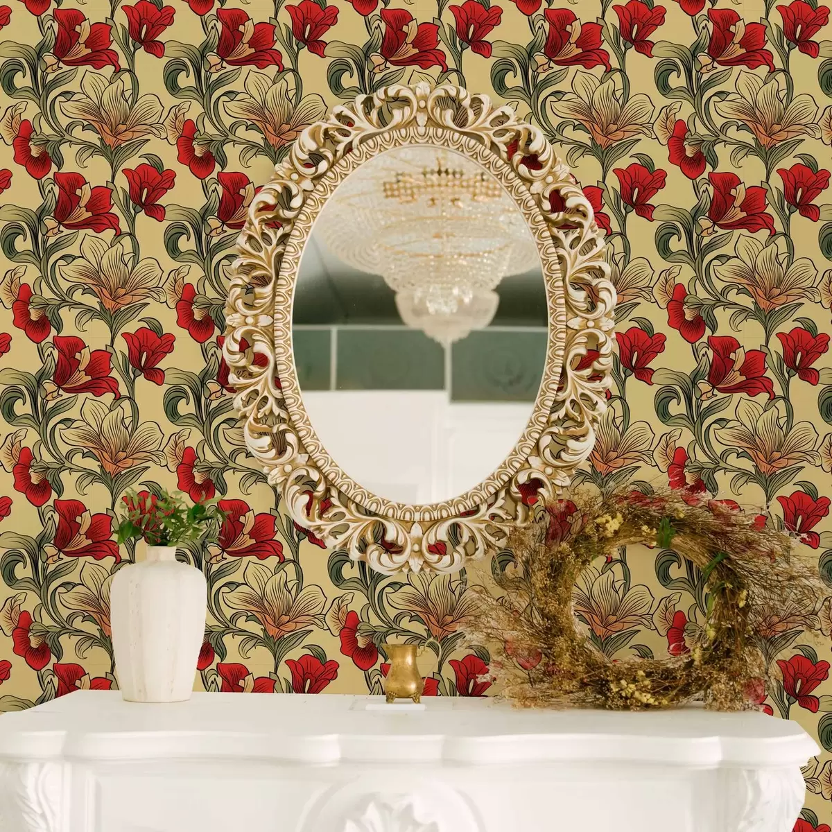 Taustakuva Kirkas kierretty varret lehdet ja punaiset kukat a00075