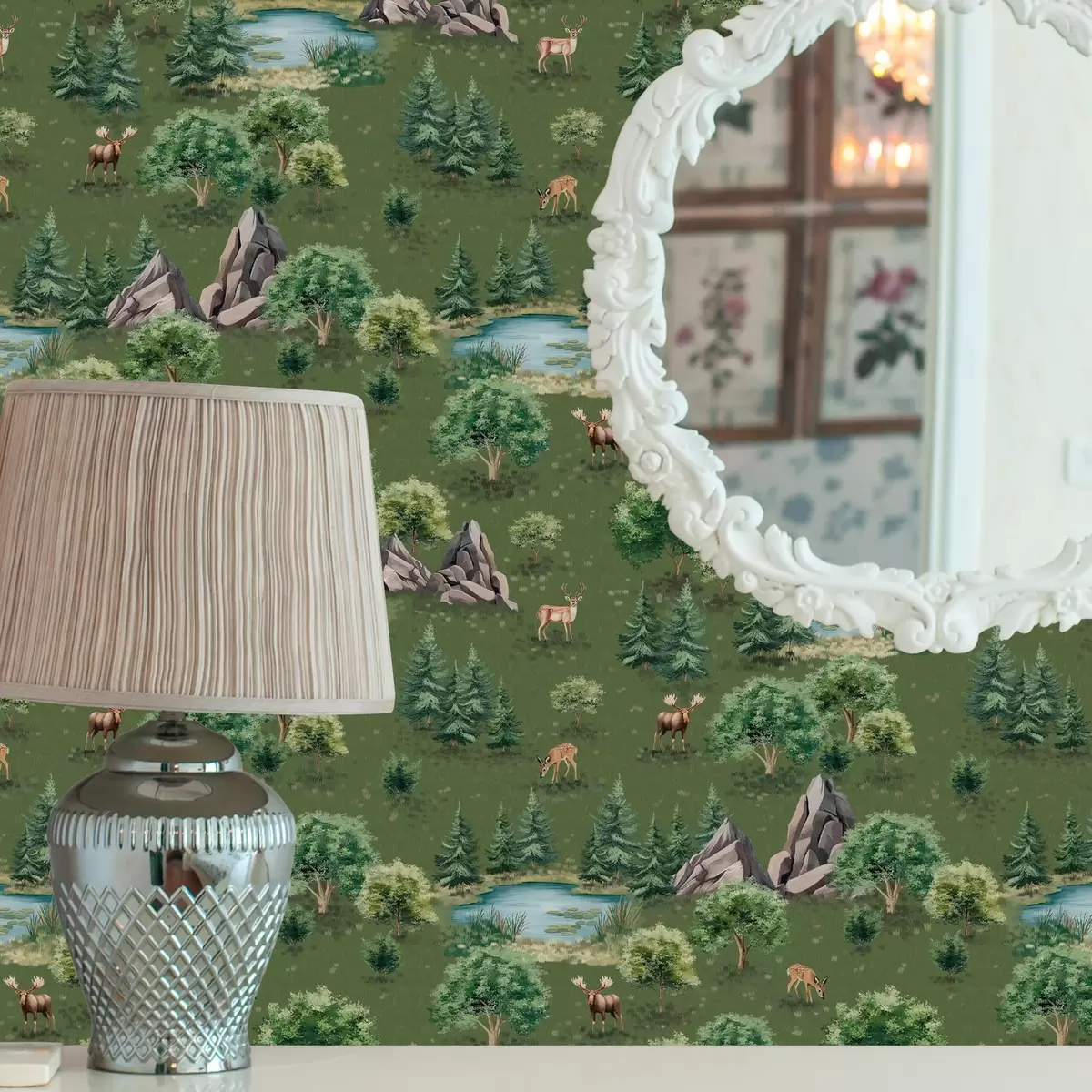 Taustakuva Peura järven rannalla puiden ja kivien kanssa a00086