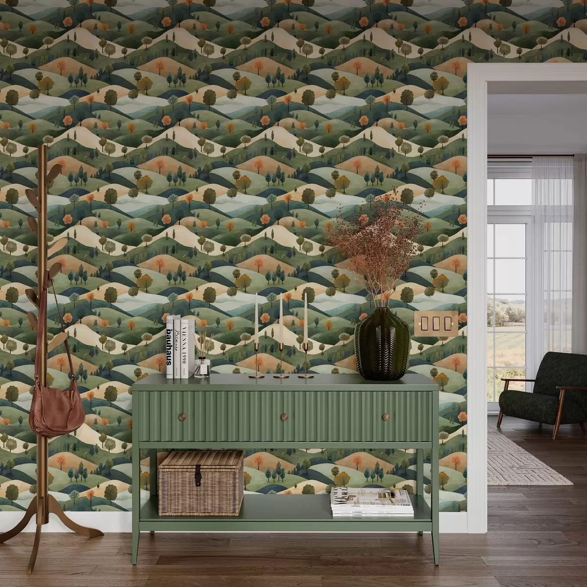 Taustakuva Hauskoja kukkuloita, joilla on puita a00091