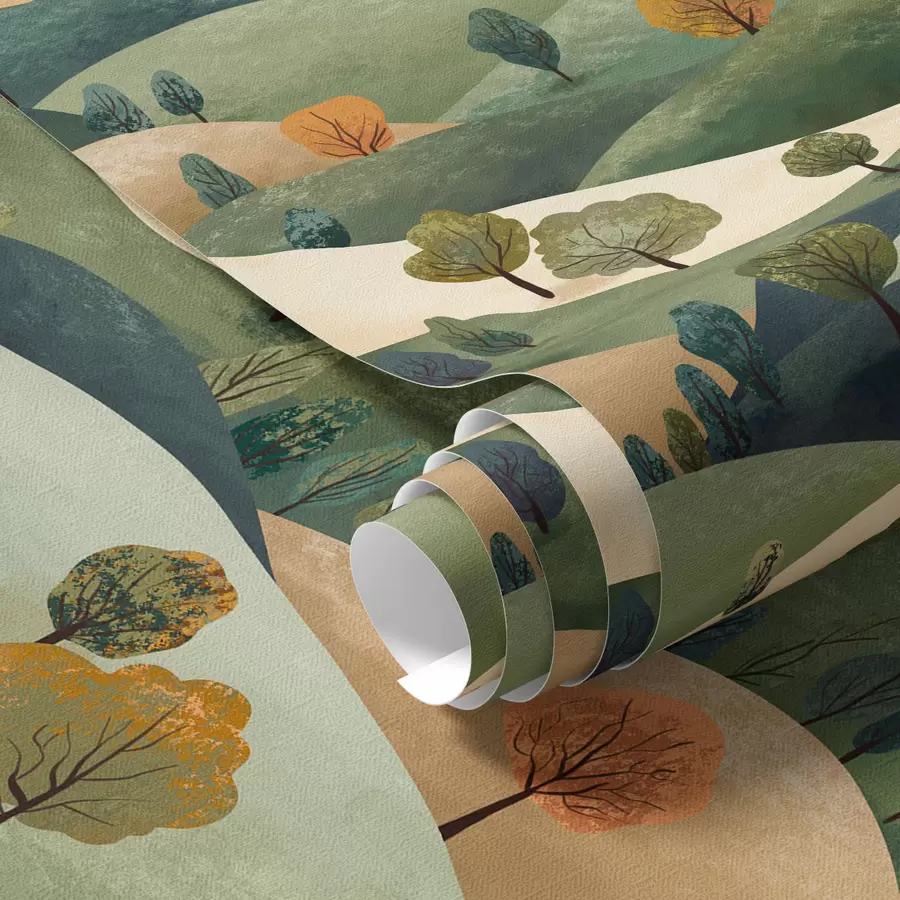 Valokuvatapetti Hauskoja kukkuloita, joilla on puita a00091