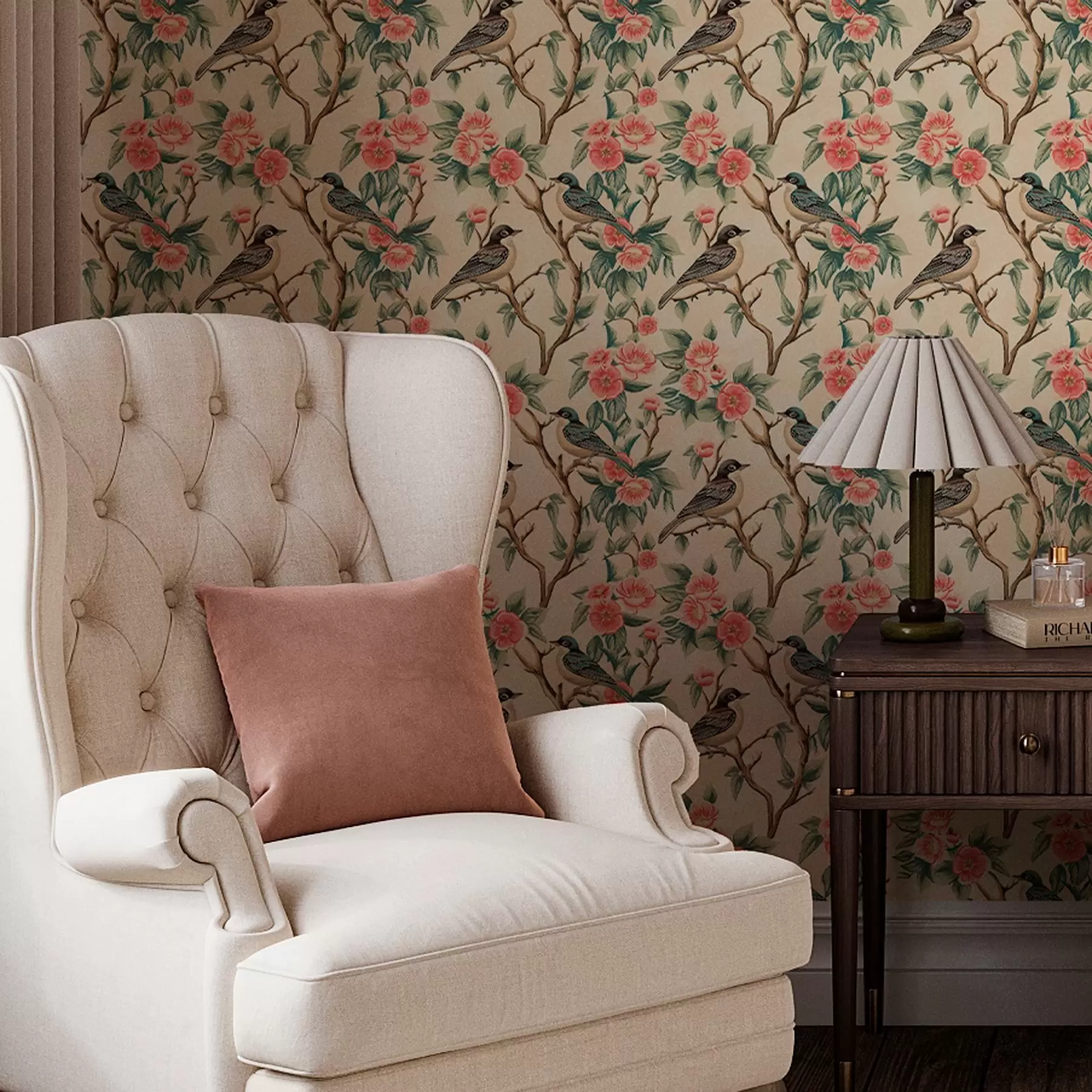 Valokuvatapetti Pieniä lintuja oksilla kukkia vaalealla taustalla a00093