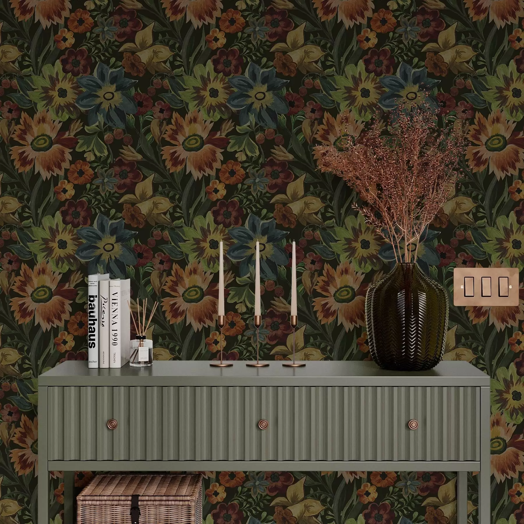 Valokuvatapetti Tummat kukat ja lehdet tummalla taustalla a00100