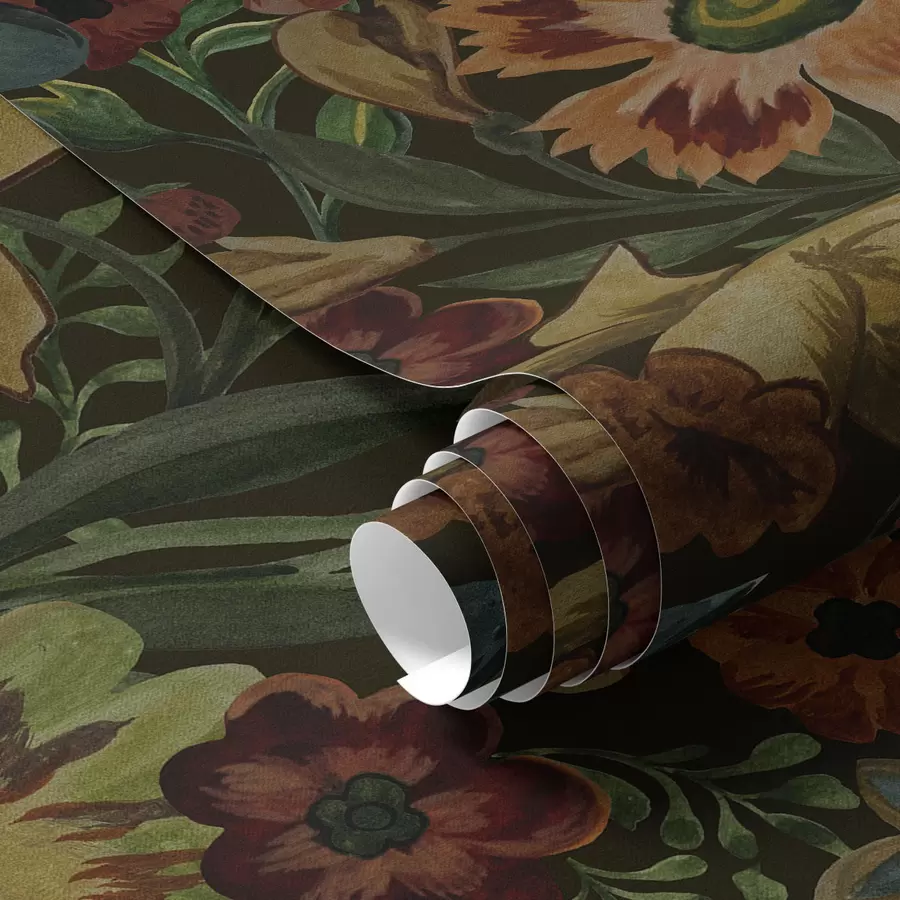 Valokuvatapetti Tummat kukat ja lehdet tummalla taustalla a00100