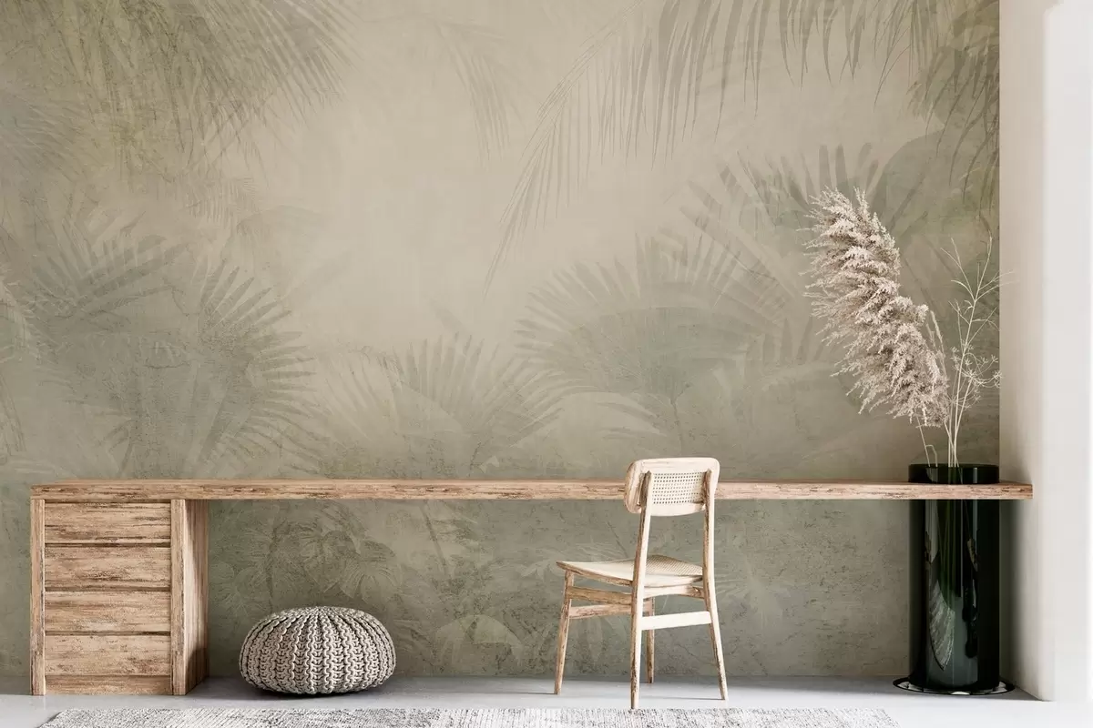 Valokuvatapetti Teksturoitu trooppinen retro tapetti beigen sävyillä w03399