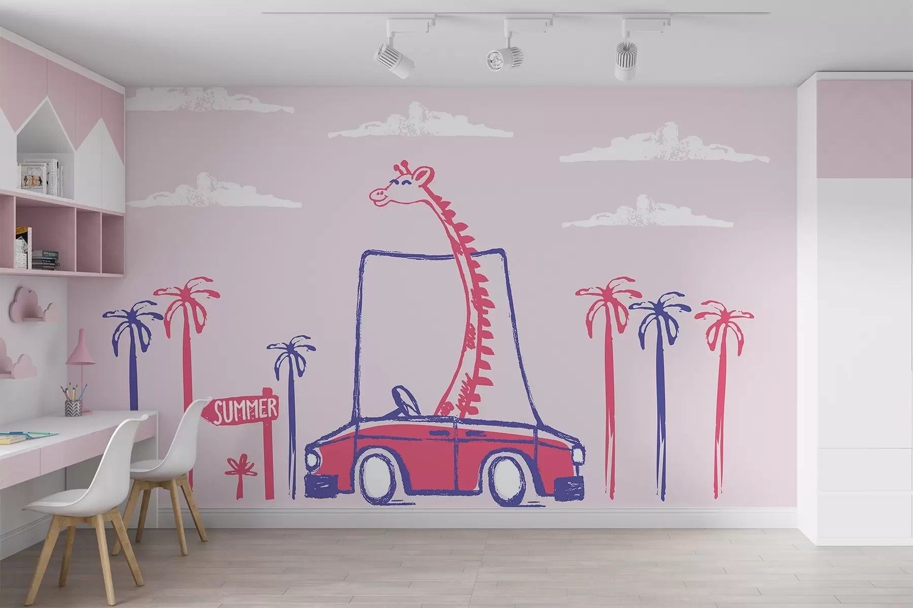 Valokuvatapetti Kirahvi vaaleanpunaisessa autossa w03476