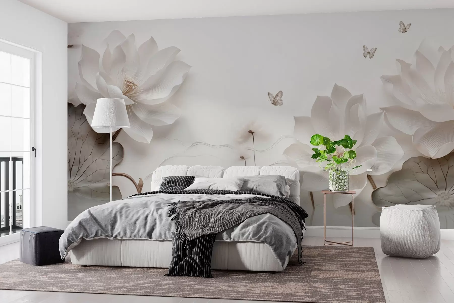 Valokuvatapetti Lootuksen kukkia perhosia veden yllä w03523