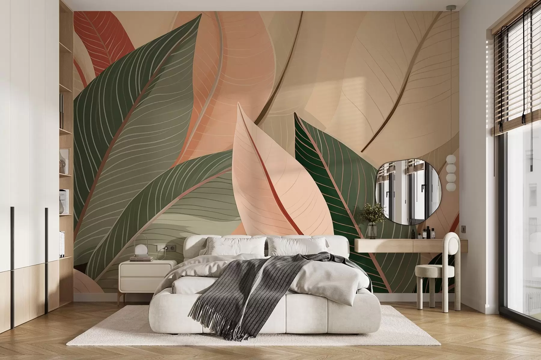 Valokuvatapetti Lähikuva oliivinvihreistä ja vaaleanpunaisen kermanvärisistä lehdistä w08944