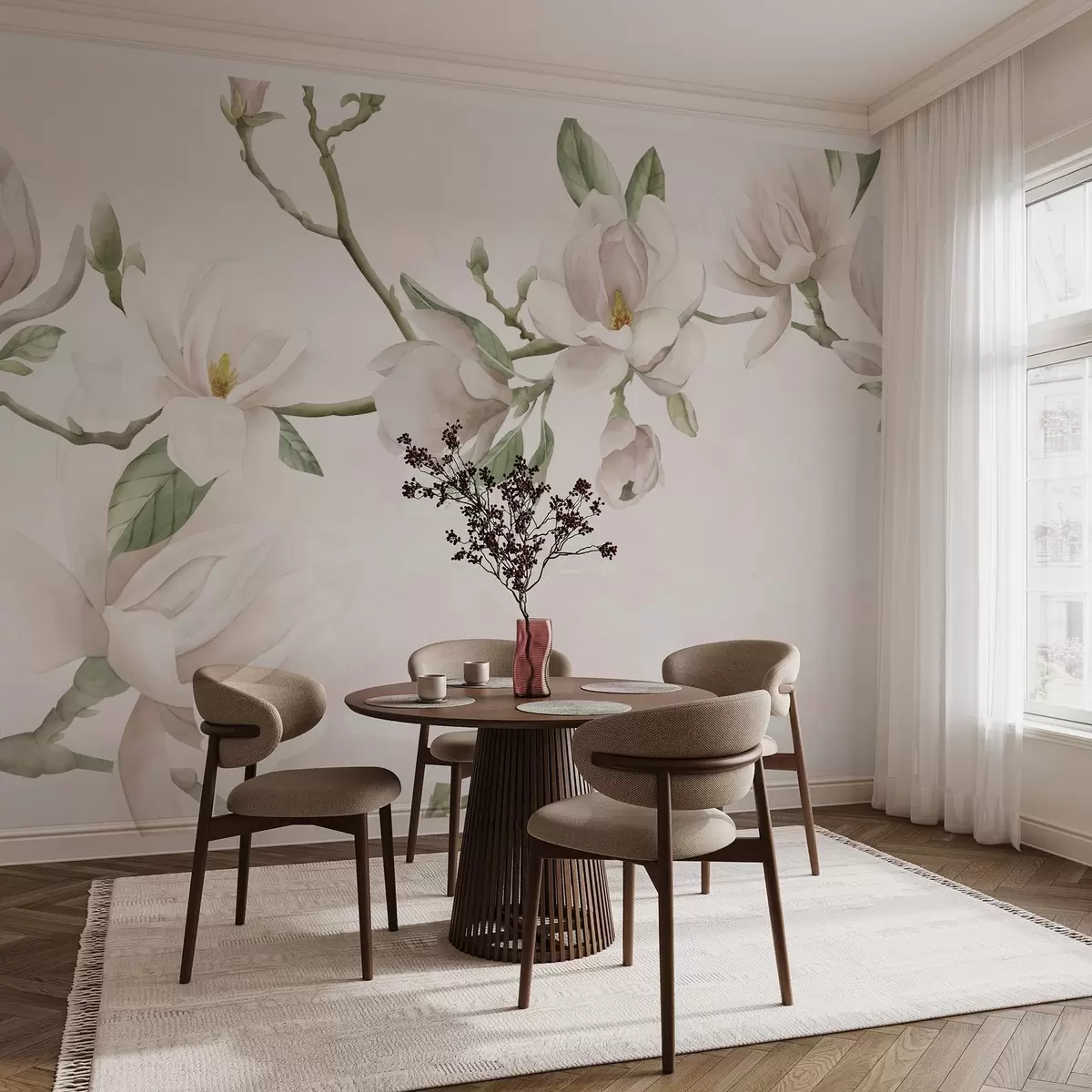 Valokuvatapetti Kukkivat Magnolian oksat pehmeissä pastellisävyissä w03542v1