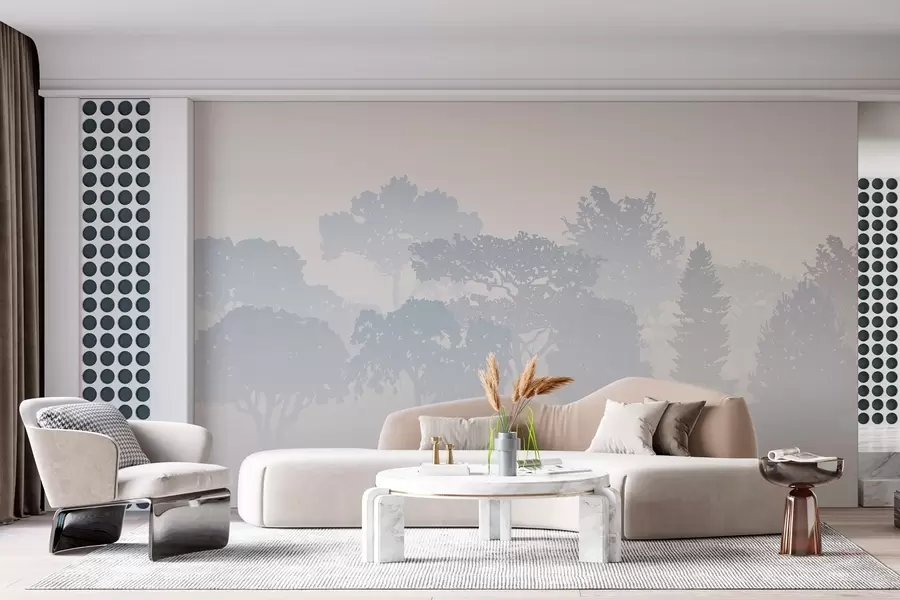 Valokuvatapetti puiden siluetteja sumun huurussa w03451