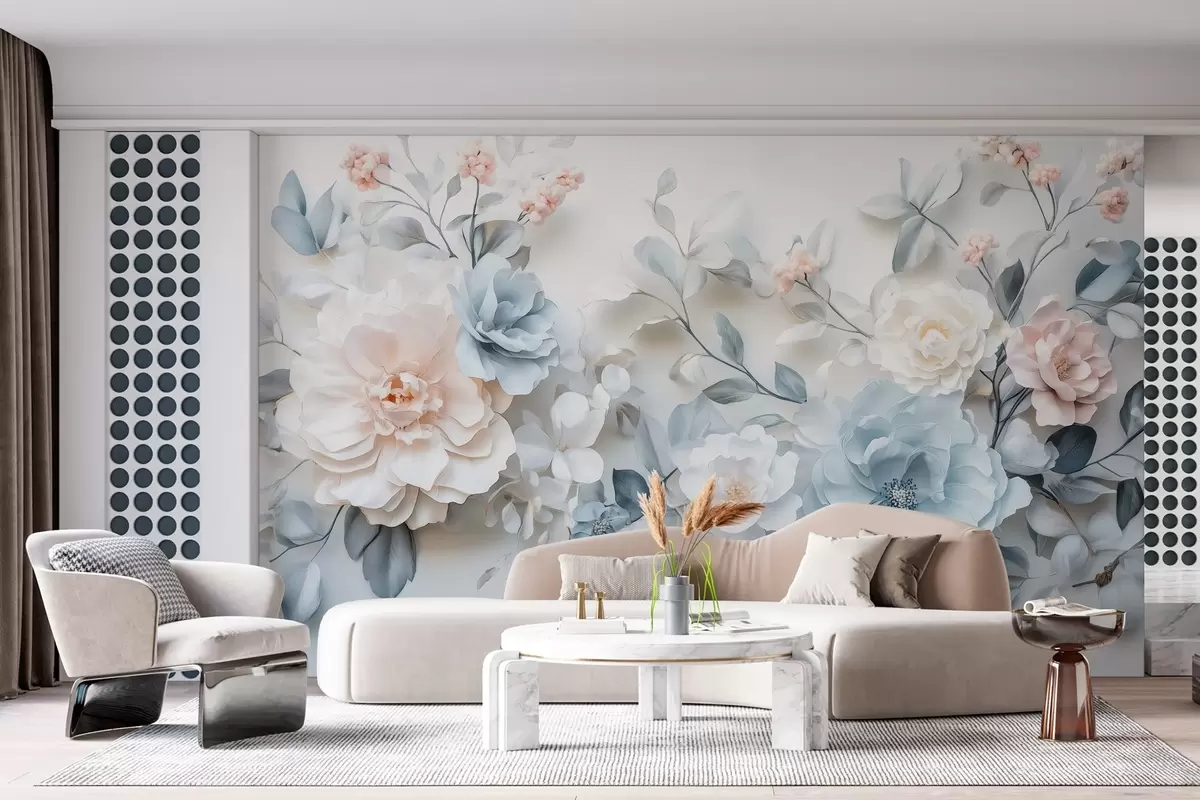 Valokuvatapetti herkkiä ilmavia kukkia, joissa on öljyvärimaalauksen tyyliä vastaava tilavuusvaikutelma w03457