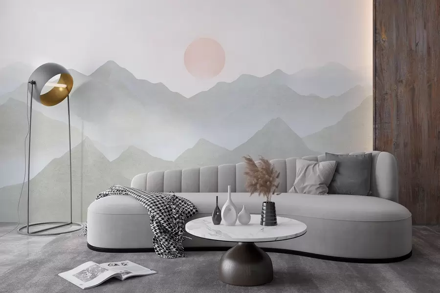 Valokuvatapetti Boho tyyli vuoret maisema, auringonlasku, pehmeä pastelli, harmaa w03547v1