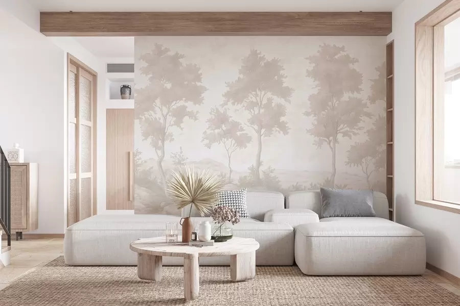 Valokuvatapetti Puut kukkulalla, pastelli tyyli piirustus, beige värit, maalaismainen w03550
