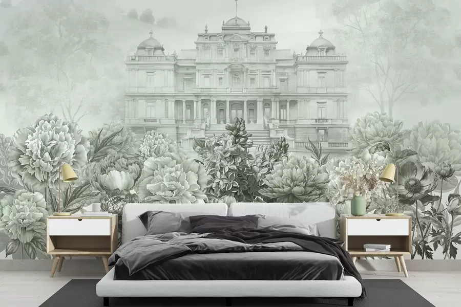 Valokuvatapetti Kuninkaallinen palatsi ja pioni puutarha, akvarelli tyyli, luonto, vihreät värit, boho w03552v2