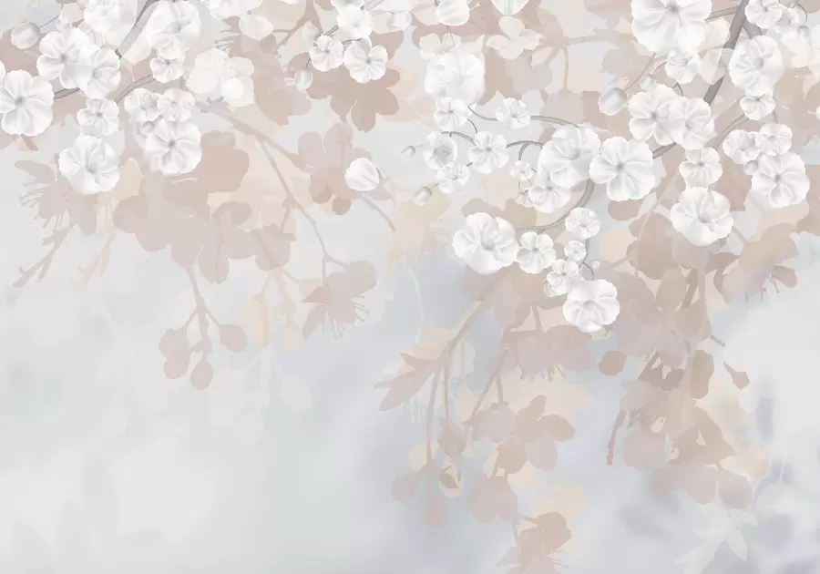 Valokuvatapetti Kirsikankukkien oksat, joissa on valkoisia kukkia ja harmaita lehtiä, tyylikkäissä kukkasilhueteissa pehmeissä pastellisissa väreissä w08973