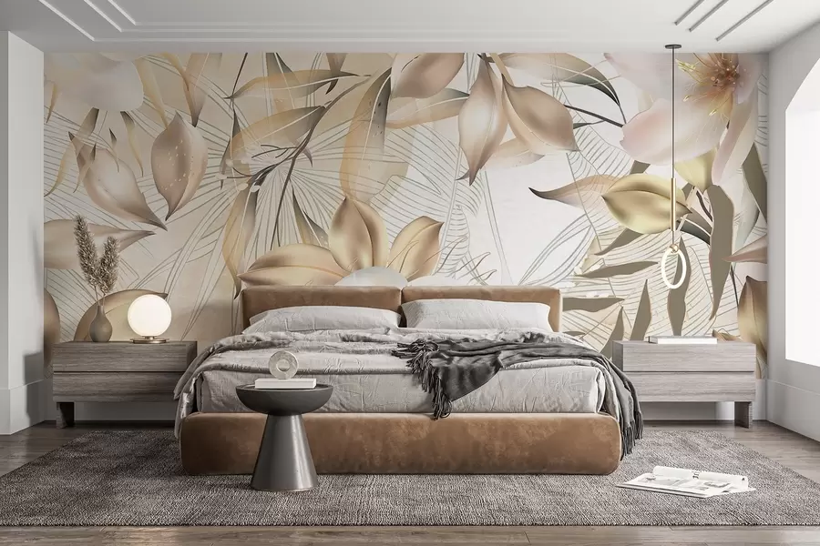 Valokuvatapetti Jasmiinin kukkia ja lehtiä, pehmeät värit, kasvitieteellinen kuvitus, kukka tausta , elegantti muotoilu, herkät terälehdet w08977