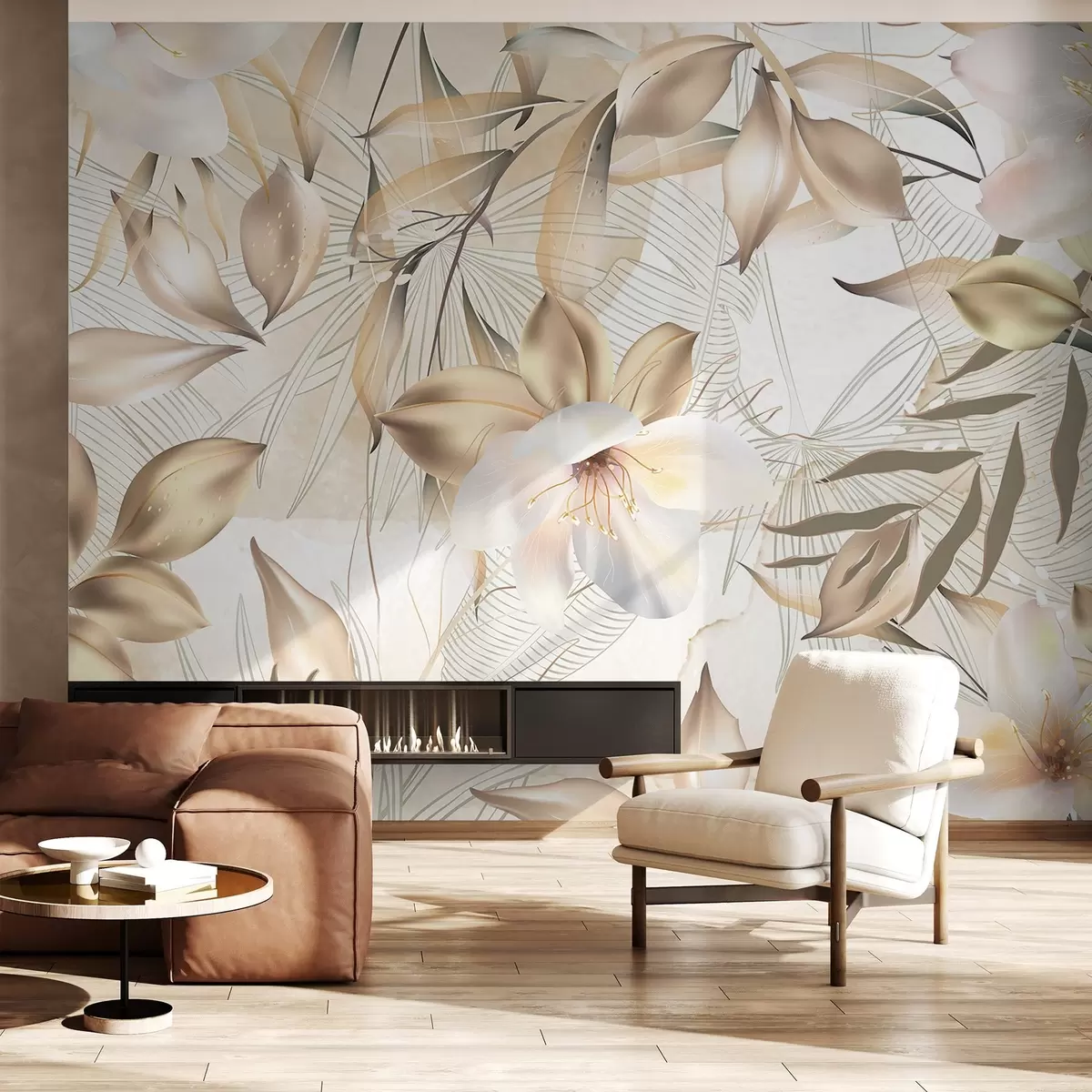 Valokuvatapetti Jasmiinin kukkia ja lehtiä, pehmeät värit, kasvitieteellinen kuvitus, kukka tausta , elegantti muotoilu, herkät terälehdet w08977