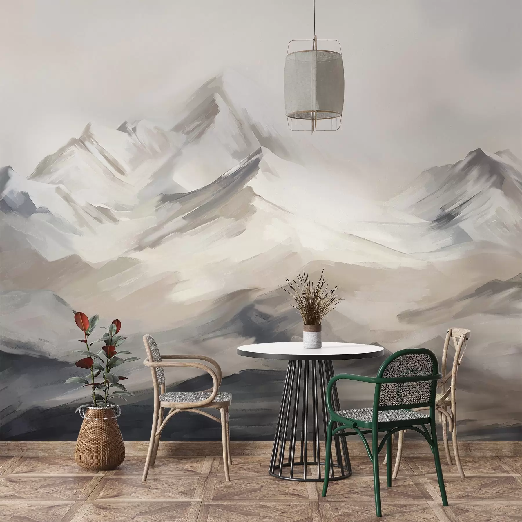 Valokuvatapetti Vuoristomaisema valoisalla taivaalla, siveltimenvedot, neutraalit beige ja harmaat värit, vuoristoalueet  w08980